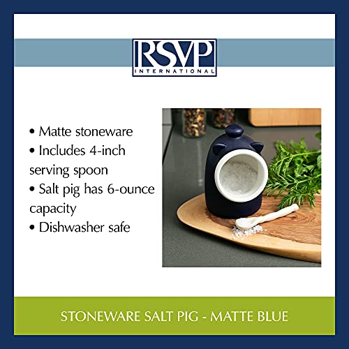 RSVP International Stoneware Salt Pig and Spoon Set, Wide Mouth, Dishwasher Safe, 3x3.25x5", Blue