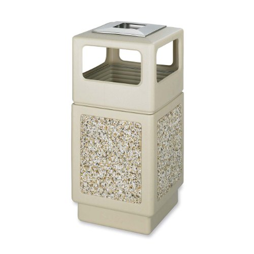 Safco Products Canmeleon Outdoor/Indoor Aggregate Panel Trash Can with Ash Urn 9473TN, Tan, Decorative Fluted Panels, Stainless Steel Ashtray, Weather Resistant