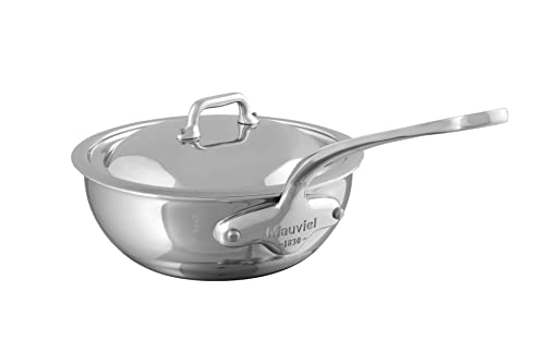 Mauviel M'Cook 5-Ply Polished Stainless Steel Splayed Curved Saute Pan With Lid, And Cast Stainless Steel Handle, 3.4-qt, Made In France