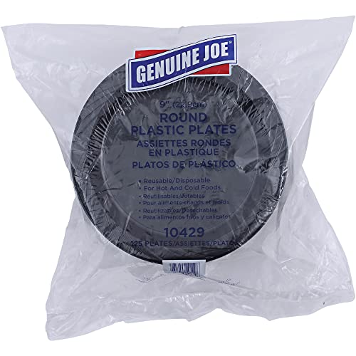 Genuine Joe Round Plastic Black Plates, 9" (Pack of 125)