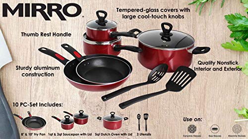 Mirro A796SA Get A Grip Aluminum Nonstick Cookware Set, 10-Piece, Red