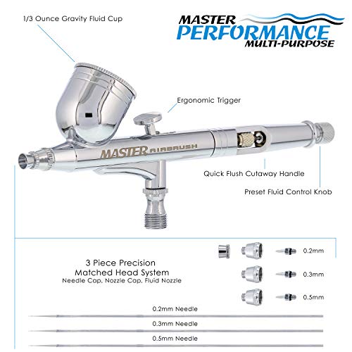 Master Airbrush Master Performance G233 Pro Set with 3 Nozzle Sets (0.2, 0.3 & 0.5mm Needles, Fluid Tips and Air Caps) - Dual-Action Gravity Feed Airbrush, 1/3 oz Cup, Cutaway Handle - How-to-Guide