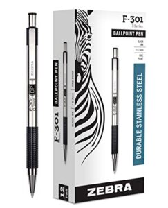 zebra pen f-301 retractable ballpoint pen, stainless steel barrel, fine point, 0.7mm, black ink, 12-pack