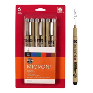 sakura pigma micron fineliner pens – archival black and colored ink pens – pens for writing, drawing, or journaling – black and assorted colored ink – 01 point size – 6 pack
