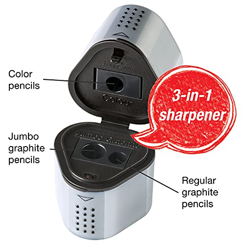 Faber-Castell Grip Trio Pencil Sharpener - Grey, 3-in-1 Artist Pencil Sharpener, Manual Handheld Sharpener for Colored Pencil, Jumbo and Graphite Pencils