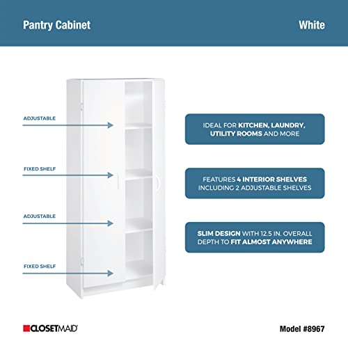 ClosetMaid Pantry Cabinet Cupboard with 2 Doors, Adjustable Shelves, Standing, Storage for Kitchen, Laundry or Utility Room, White