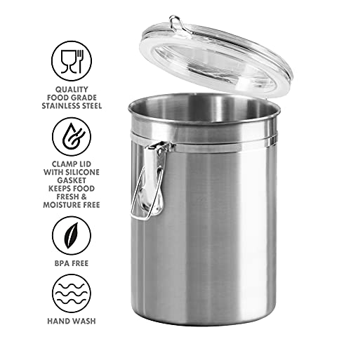 OGGI Stainless Steel Kitchen Canister 47oz - Airtight Clamp Lid, Clear See-Thru Top - Ideal for Kitchen Storage, Food Storage, Pantry Storage. Large Size 5" x 6"