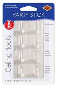 beistle 8 piece white plastic ceiling hooks with removable adhesive for hanging party decorations, easy to use, 1″ x 1″