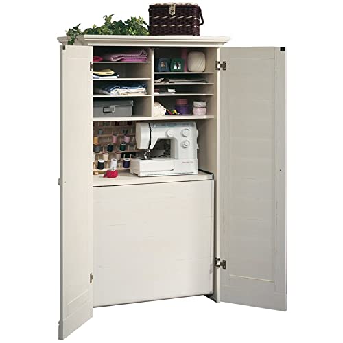 Sauder Harbor View Craft and Sewing Armoire with Table, Antiqued White finish