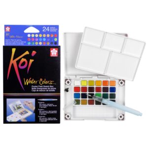 Sakura Koi Pocket Field Sketch Kit - Watercolor Sets for Painting On the Go - 24 Colors - 1 Water Brush - 1 Sponge - 1 Mixing Palette