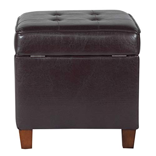 HomePop Leatherette Tufted Square Storage Ottoman with Hinged Lid, Brown