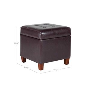 HomePop Leatherette Tufted Square Storage Ottoman with Hinged Lid, Brown