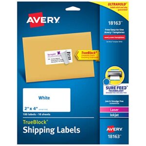 avery shipping address labels, laser & inkjet printers, 100 labels, 2×4 labels, permanent adhesive, trueblock (18163)