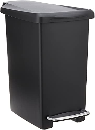 simplehuman Rectangular 10 Liter / 2.6 Gallon Compact Slim Bathroom or Office Step Trash Can, Black Plastic