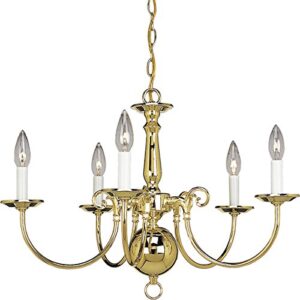 progress lighting p4346-10 5-light americana chandelier with delicate arms and decorative center column, polished brass