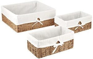 household essentials ml-5611 set of three woven wicker storage baskets with removable liners | natural seagrass,brown