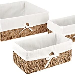 Household Essentials ML-5611 Set of Three Woven Wicker Storage Baskets with Removable Liners | Natural Seagrass,Brown