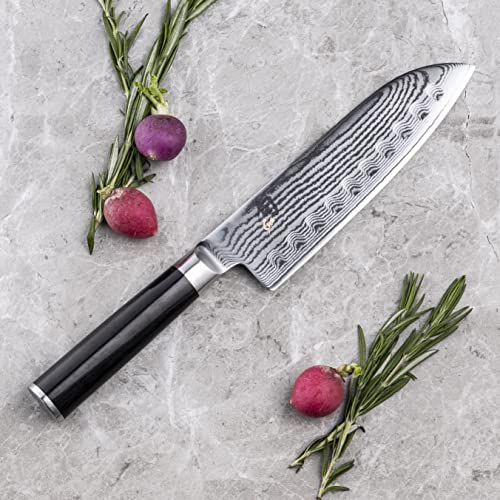 Shun Classic 7” Hollow-Ground Santoku All-Purpose Kitchen Knife; VG-MAX Blade Steel and Ebony PakkaWood Handle; Hollow-Ground Indentations for Reduced Friction and Smoother Cuts; Handcrafted in Japan