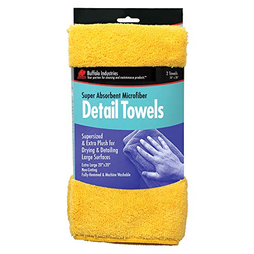 Buffalo Industries (65004) 20" x 20" Ultra Absorbent Non-Linthing Extra Plush Microfiber Cloth Detail Towels - Ideal for Drying and Detailing Large Surfaces - Machine Washable - Pack of 2