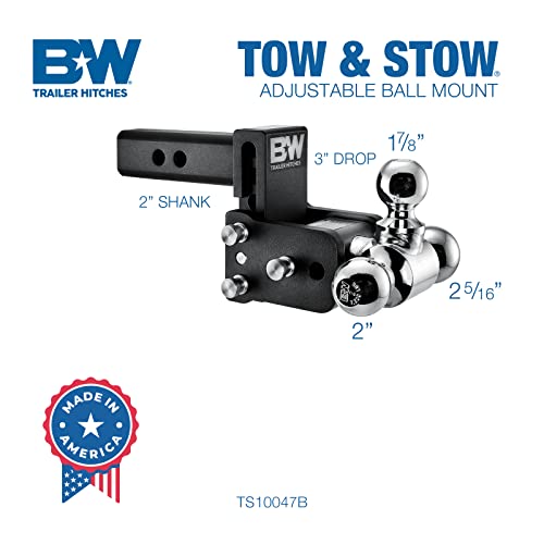 B&W Trailer Hitches Tow & Stow Adjustable Trailer Hitch Ball Mount - Fits 2" Receiver, Tri-Ball (1-7/8" x 2" x 2-5/16"), 3" Drop, 10,000 GTW - TS10047B