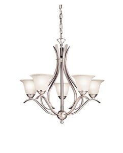 kichler dover 23″ 5 light chandelier with etched seeded glass in brushed nickel