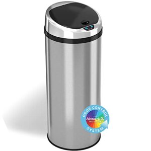itouchless 13 gallon touchless sensor kitchen trash can with odor control system, brushed stainless steel, round garbage bin for home or office – it13rcb