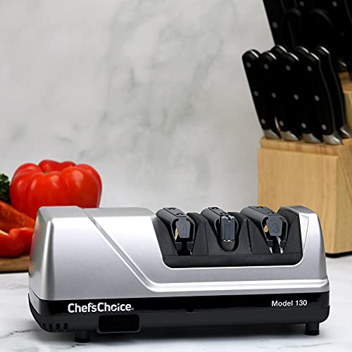 Chef'sChoice 130 Professional Electric Knife Sharpening Station for 20-Degree Straight and Serrated Knives Diamond Abrasives and Precision Angle Guides, 3-Stage, Silver
