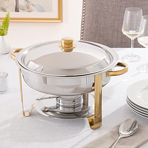 Winco Winware 4 Quart Round Stainless Steel Gold Accented Chafer