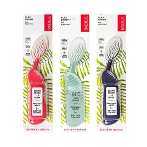radius flex brush bpa free & ada accepted toothbrush designed to improve gum health & reduce gum issues – right hand – purple/ watermelon/ mint green – pack of 3
