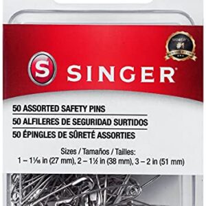 SINGER 00226 Assorted Safety Pins, Multisize, Nickel Plated, 50-Count