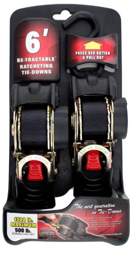Erickson 34413 Pro Series Black 1" x 6' Retractable Ratcheting Tie-Down Strap, 1500 lb Load Capacity, (Pack of 2)