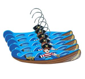 kidorable pirate ship fun brown/blue hand crafted wooden hangers for boys, set of 5, 14 inches