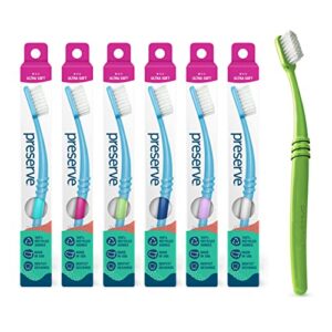 preserve eco friendly adult toothbrushes, made in the usa from recycled plastic, ultra soft bristles, colors vary, 6 count
