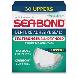 Sea Bond Secure Denture Adhesive Seals, Fresh Mint Uppers, Zinc Free, All Day Hold, Mess Free, 30 Count