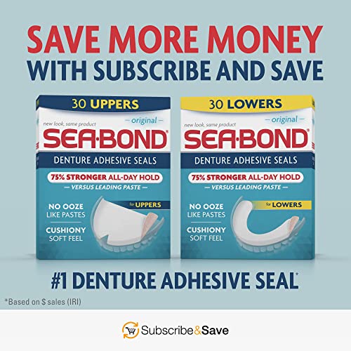 Sea Bond Secure Denture Adhesive Seals, Fresh Mint Uppers, Zinc Free, All Day Hold, Mess Free, 30 Count