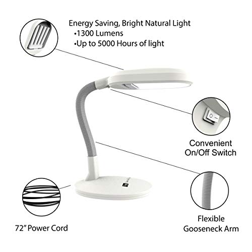 Natural Sunlight Desk Lamp, Great For Reading and Crafting, Adjustable Gooseneck, Home and Office Lamp by Lavish Home, White - 72-0813