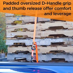 SMARTSTRAPS 10-Foot Ratchet Straps (4pk) – 3,000 lbs Break Strength – 1,000 lbs Safe Work Load Haul Heavier Loads Like Motorcycles, Boats and Large Appliances – Heavy-Duty Padded Tie-Downs, ORANGE (149)