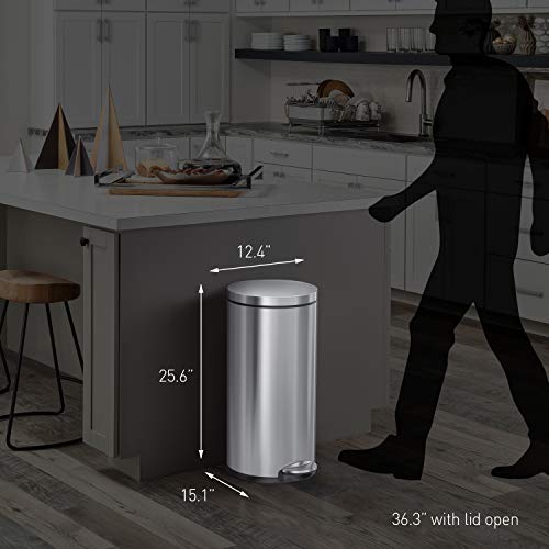 simplehuman 30 Liter / 8 Gallon Round Step Trash Can, Brushed Stainless Steel,15.1 x 12.4 x 25.6 inches