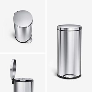 simplehuman 30 Liter / 8 Gallon Round Step Trash Can, Brushed Stainless Steel,15.1 x 12.4 x 25.6 inches