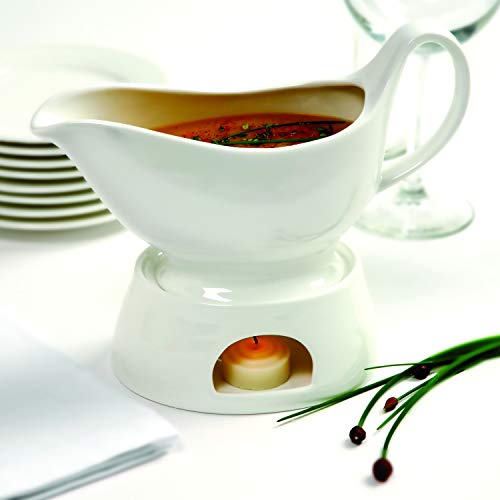 Norpro Porcelain Gravy Sauce Boat with Stand and Candle, 16oz, White