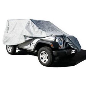 Rampage 4-Layer Breathable Full Car Cover with Lock, Cable & Storage Bag | Grey | 1203 | Fits 2007 - 2018 Jeep Wrangler JK, 2018 - 2022 Jeep Wrangler JL Sport 2-Door