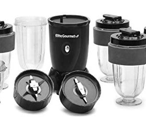 Elite Gourmet EPB-1800 17-Piece Personal Drink Mixer Blender, Sports Blender 16 Oz capacity, Includes Chopping and Blending Blade, Drink Lids and Extra Cups