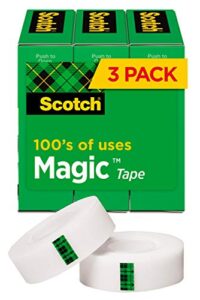 scotch magic tape, 3 rolls, numerous applications, invisible, engineered for repairing, 3/4 x 1000 inches, boxed (810k3)