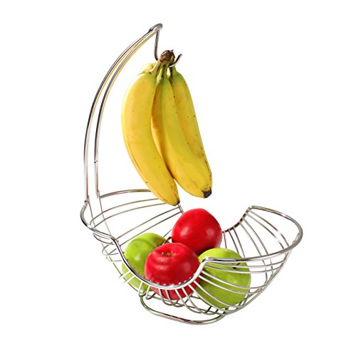 Spectrum Diversified Contempo Ellipse Holder Modern Kitchen Countertop Bowl & Banana Tree, Steel Wire Fruit Basket, Produce Saver & Banana Hanger, Chrome