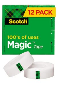 scotch magic tape, 12 rolls, numerous applications, invisible, engineered for repairing, 3/4 x 1000 inches, boxed (810k12)