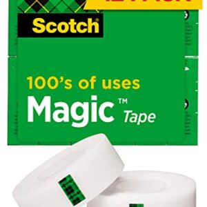 Scotch Magic Tape, 12 Rolls, Numerous Applications, Invisible, Engineered for Repairing, 3/4 x 1000 Inches, Boxed (810K12)