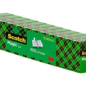 Scotch Magic Tape, 12 Rolls, Numerous Applications, Invisible, Engineered for Repairing, 3/4 x 1000 Inches, Boxed (810K12)