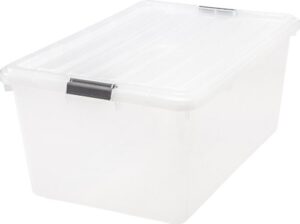 iris usa 68 qt. large storage bin with buckle down lid, 1-pack, sturdy and versatile organizer utility tote container box for seasonal clothes blankets decoration long term storage, clear
