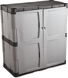 rubbermaid freestanding storage cabinet with doors, 18″d x 36″w x 37″h, medium, gray/black, two-shelf lockable cabinet for indoor/outdoor/garage storage for garden tools/lawn care accessories