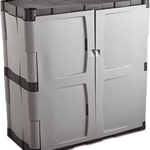 Rubbermaid Freestanding Storage Cabinet with Doors, 18"D x 36"W x 37"H, Medium, Gray/Black, Two-Shelf Lockable Cabinet for Indoor/Outdoor/Garage Storage for Garden Tools/Lawn Care Accessories